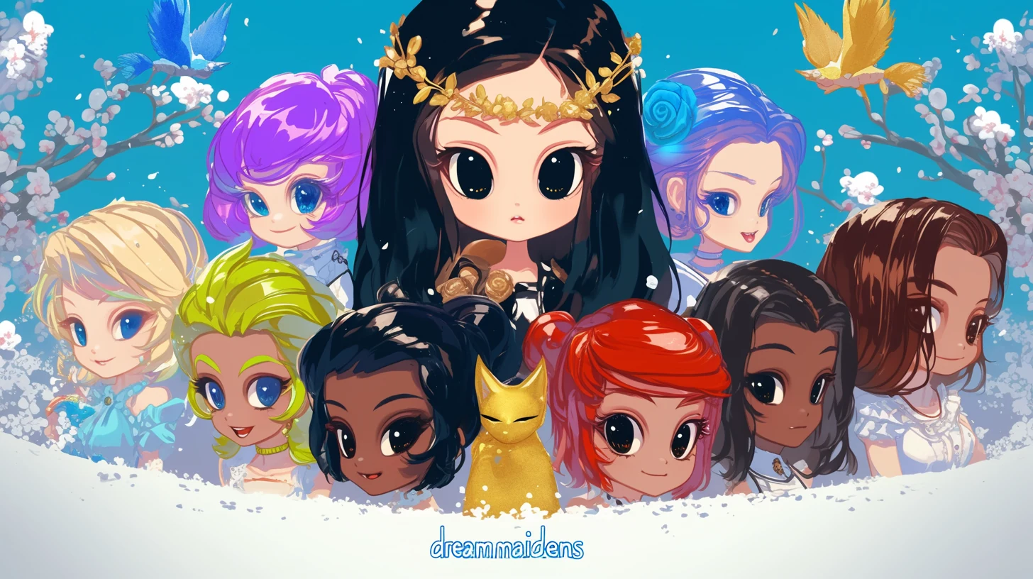 The actual Dream-Maidens cast artwork, with colorful maidens, a princess, birds and cherry blossoms.