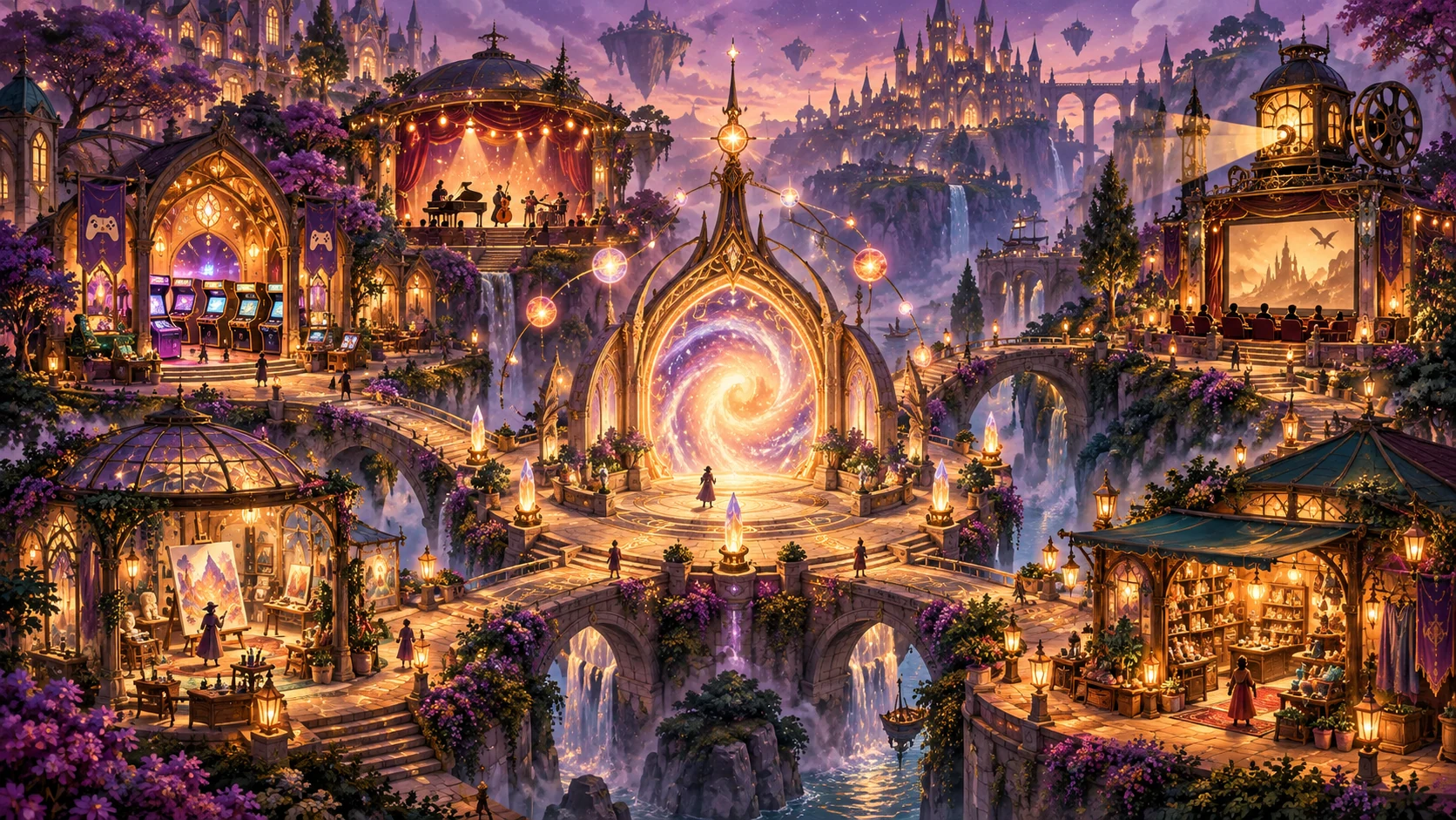 MagiSoft artwork showing a fantasy creative hub with a portal, music stage, art space and shop.