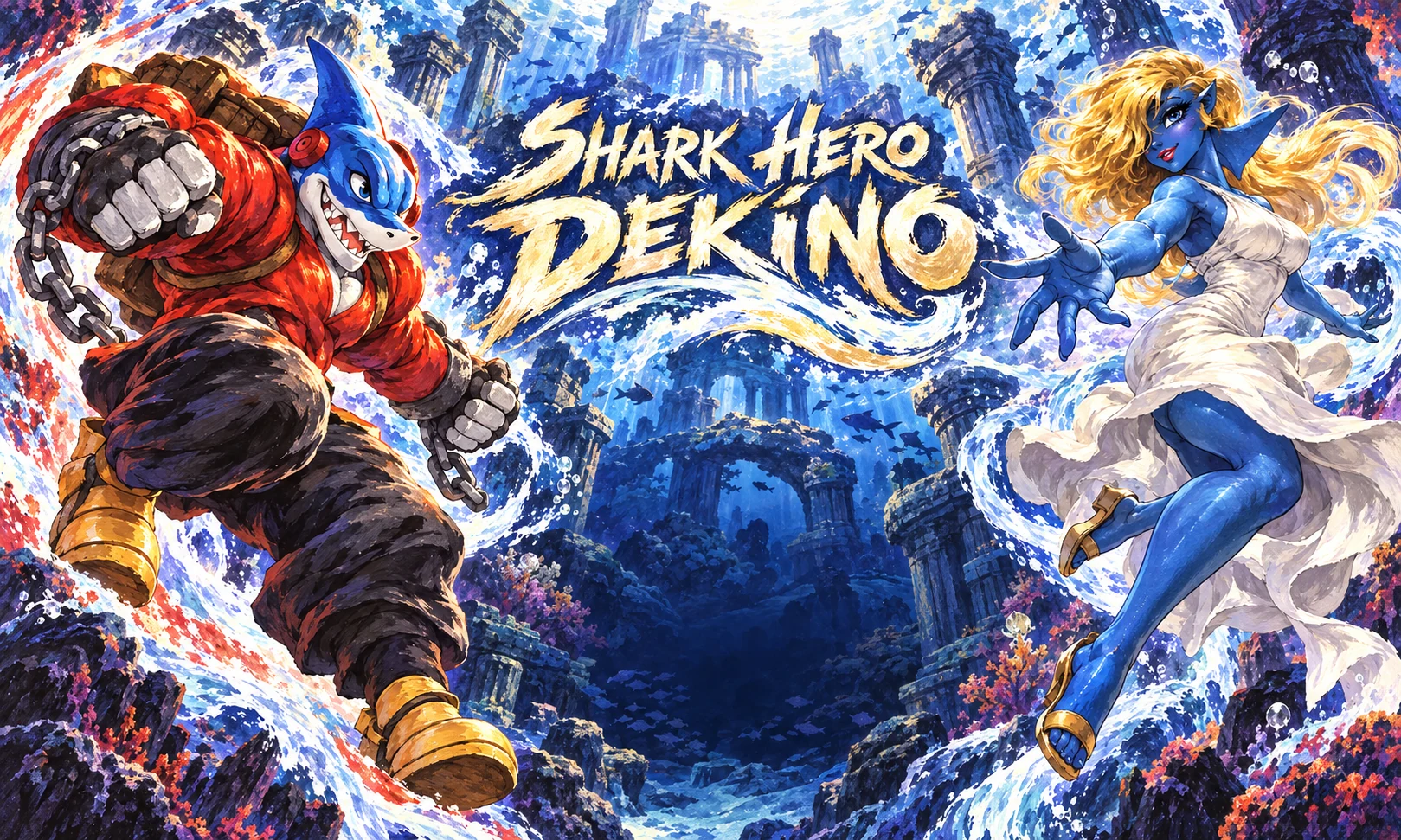 Actual Shark Hero Dekino title artwork showing Dekino and Sharkina.